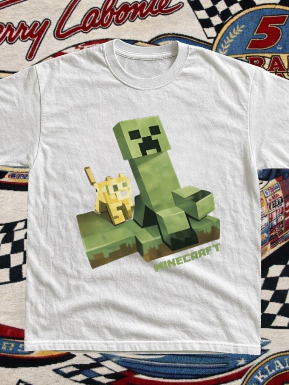 Gildan White Tee with Green Creeper and Yellow Cat Minecraft Graphic